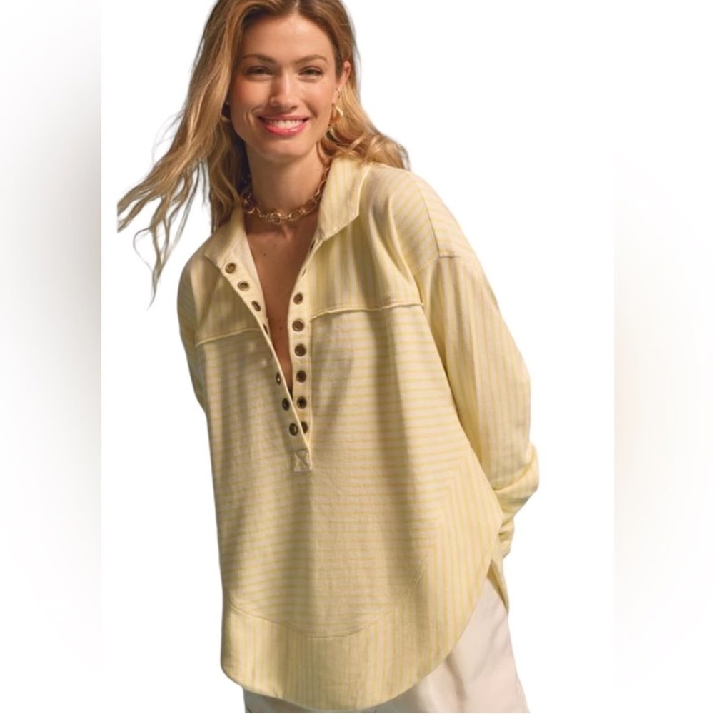 Anthropologie Pilcro Henley Spliced Pullover Sweatshirt Thumbhole Stripe Yellow